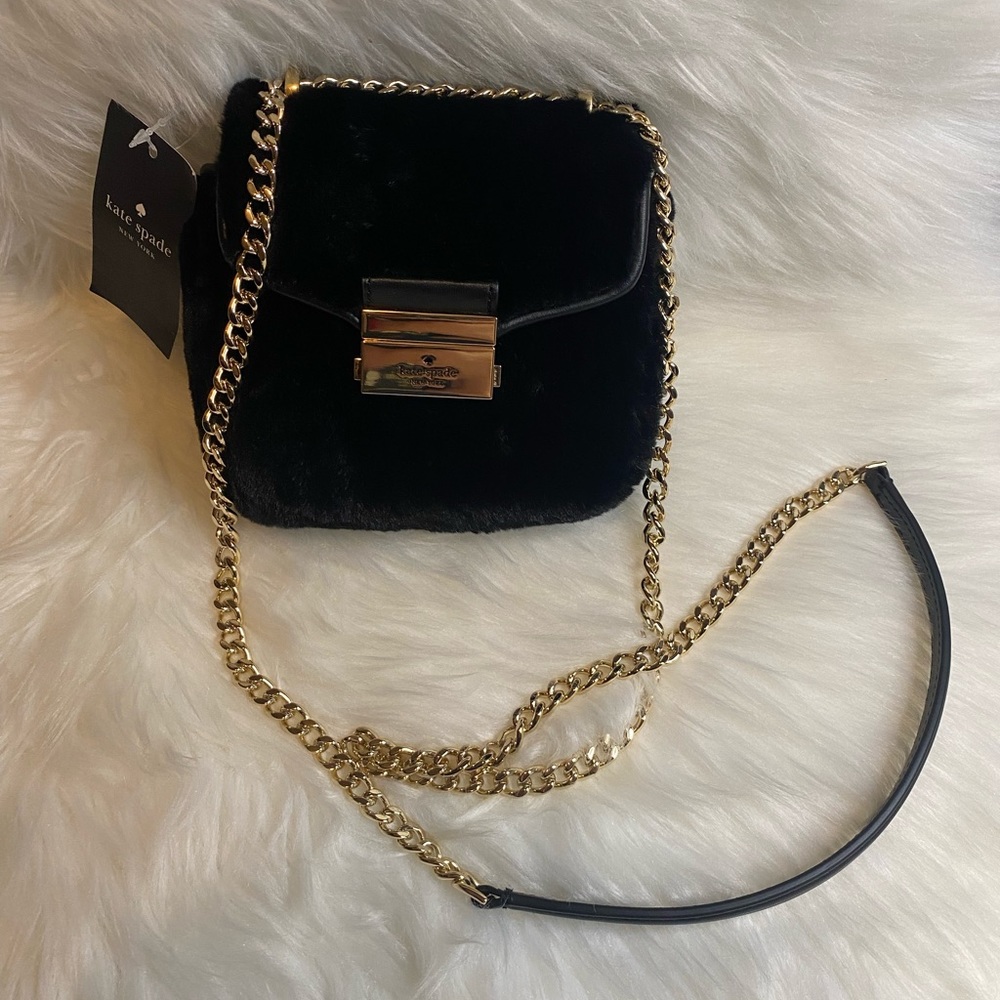 kate spade Carey Faux Fur Micro Flap Crossbody bag black new